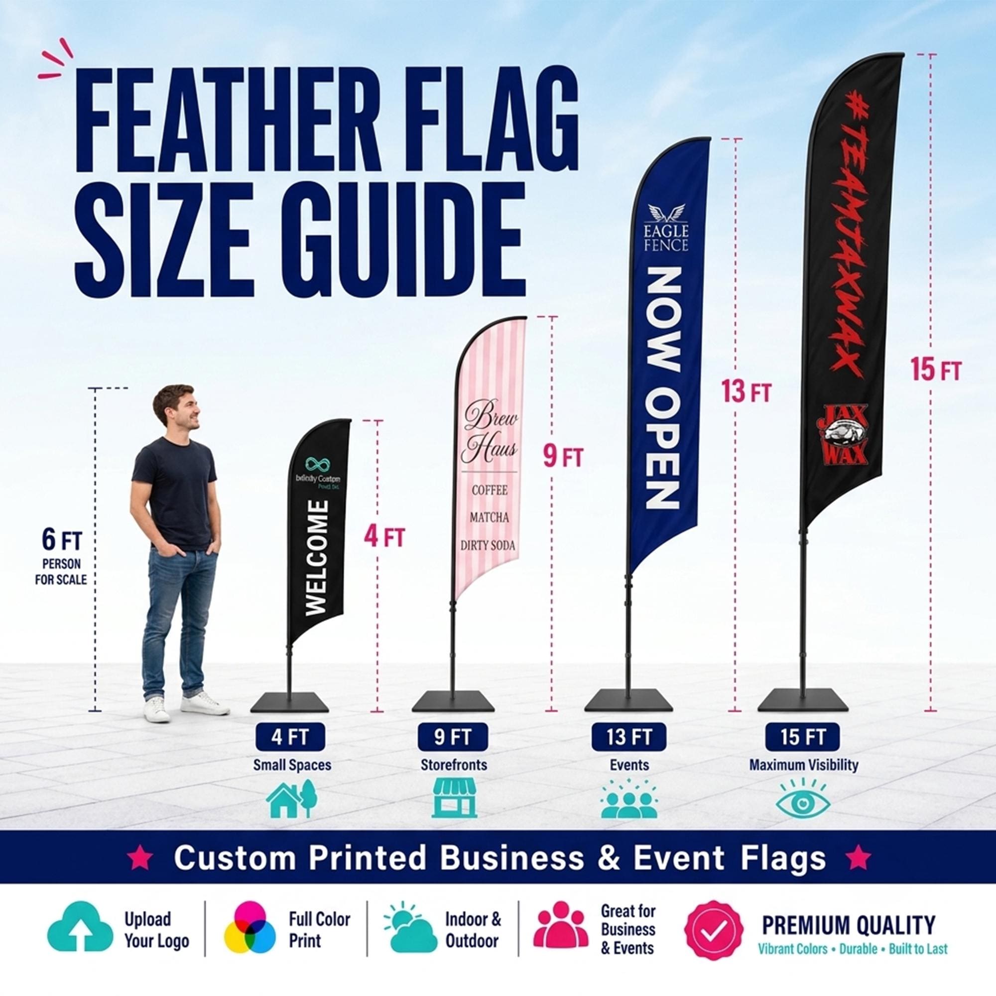 Custom Feather Flag — Weather-Resistant Advertising Flag for Storefronts, Markets & Trade Shows