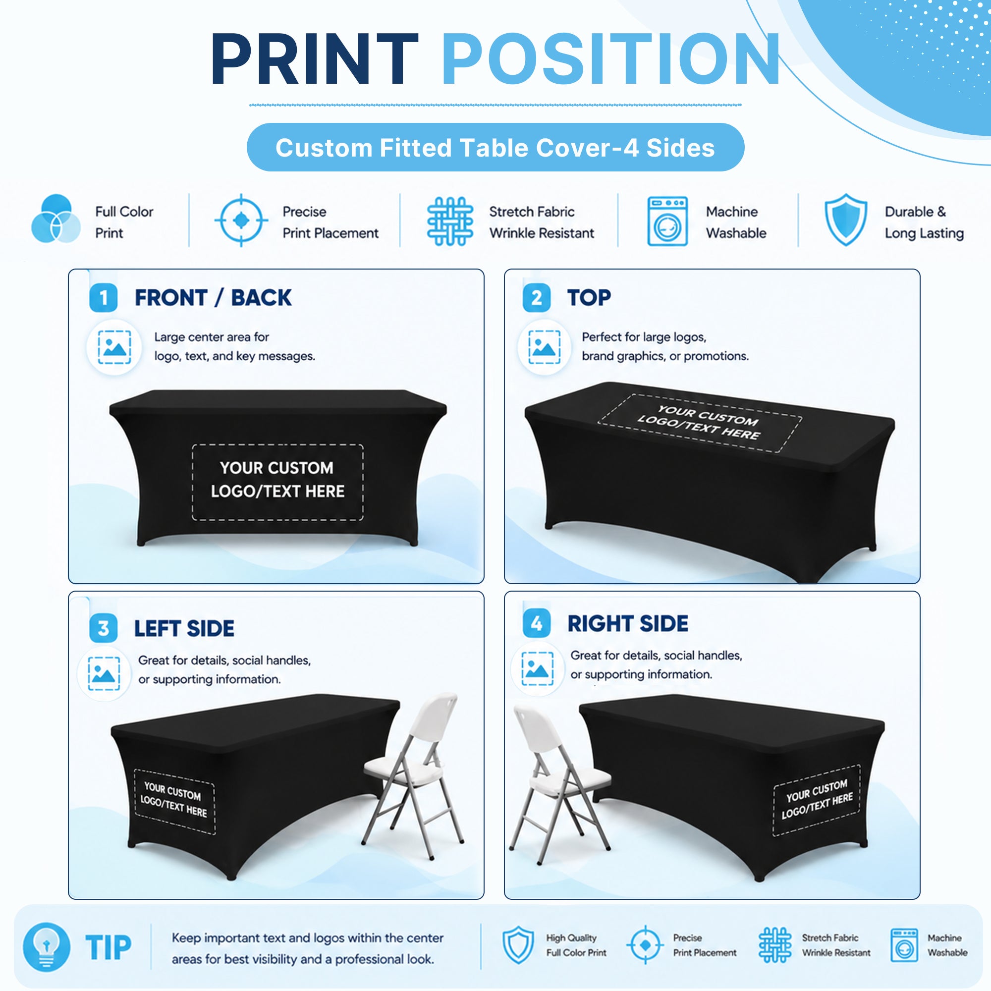Custom Printed Stretch Table Cloth, Spandex Table Cover with Logo, Trade Show Booth Event
