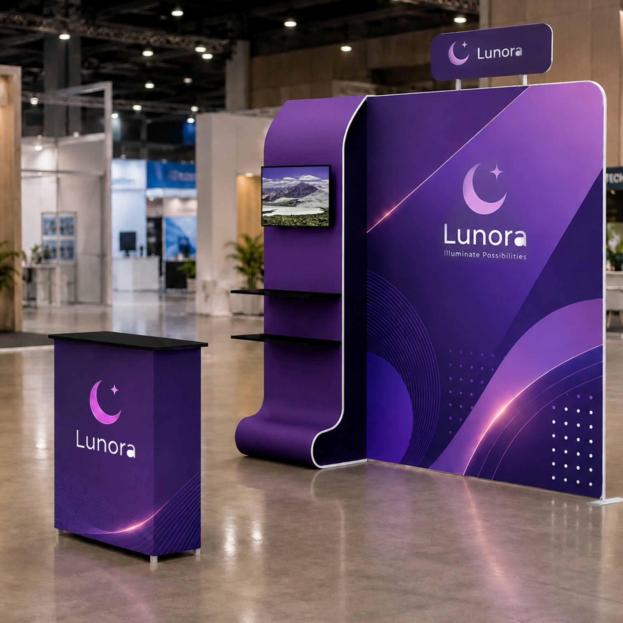 Customisable 10x10 Portable Aluminium Display Stand with Dye-Sublimation Printed Pillowcase Backdrop for Trade Exhibitions