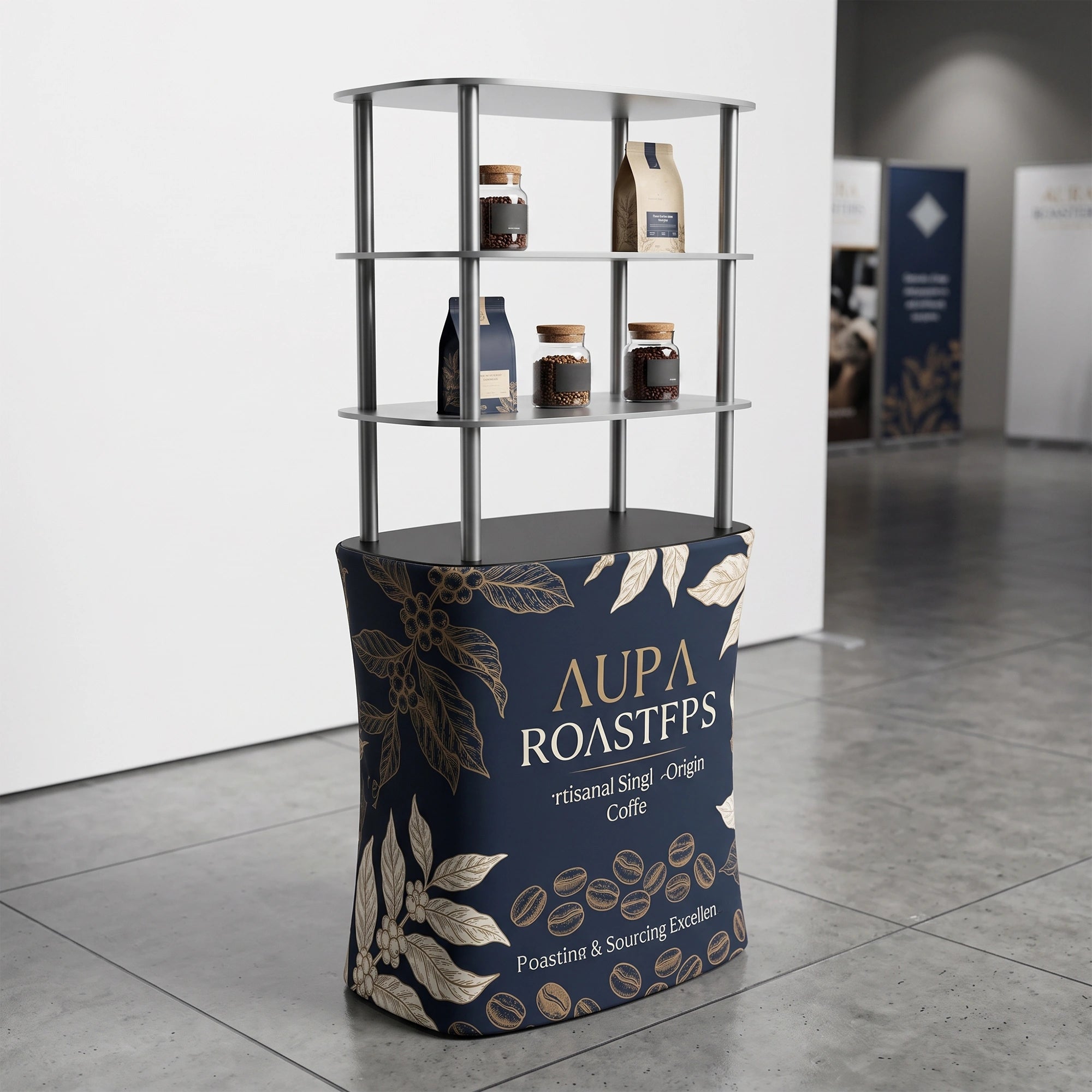 Custom Aluminum Trade Show Display Counter with Shelves, Portable Booth Stand